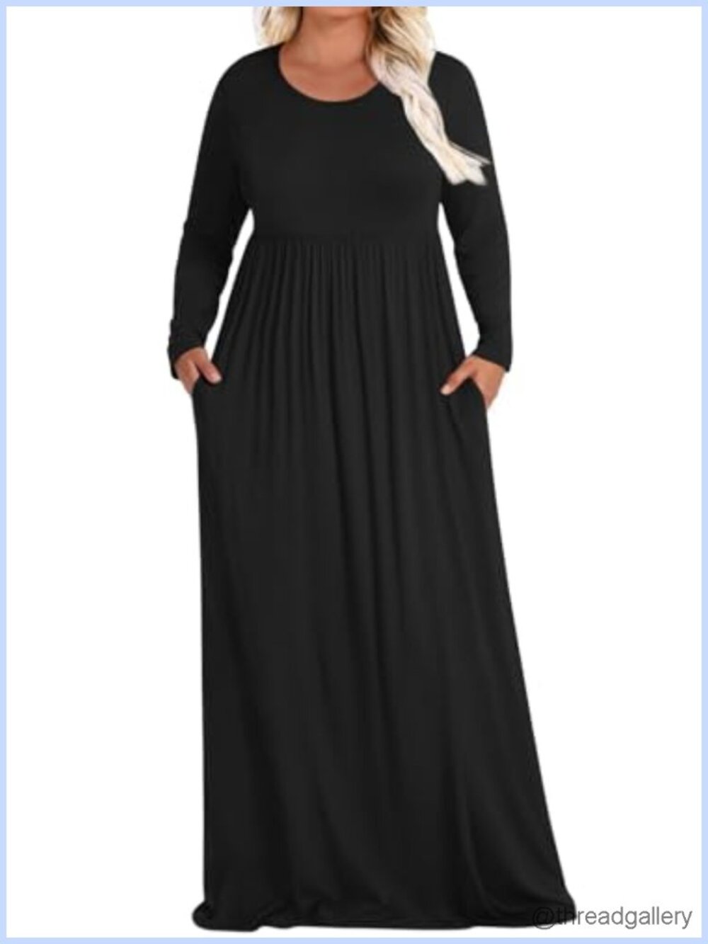 Plus Size Maxi Dress Long Sleeve Round Neck Empire Waist Pocket